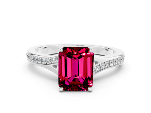 White gold Emerald Cut Garnet Solitaire Ring with Pavé Band and Prong Setting_24