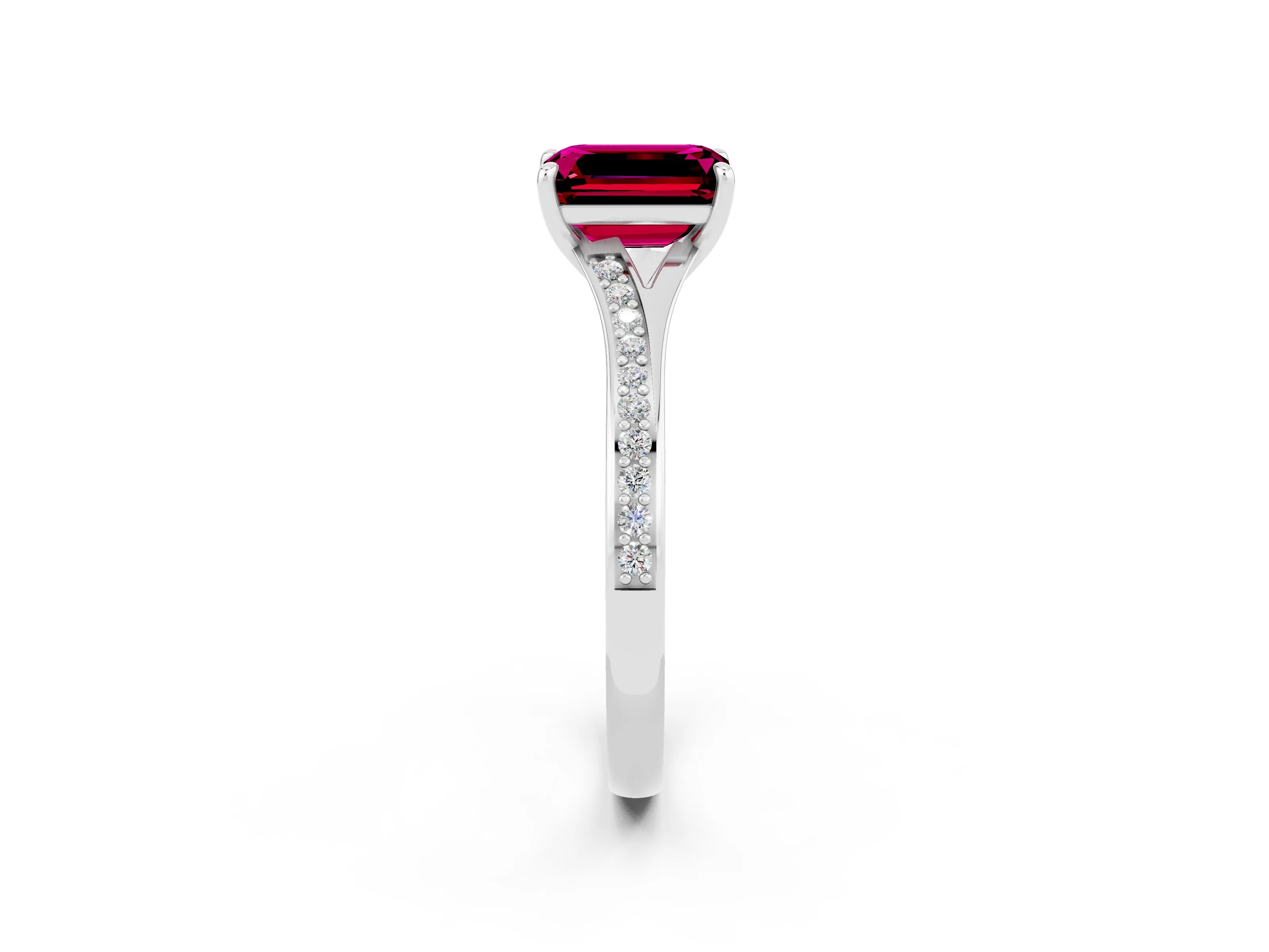 White gold Emerald Cut Garnet Solitaire Ring with Pavé Band and Prong Setting_26