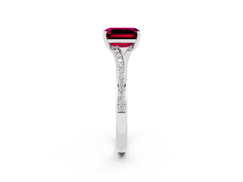 White gold Emerald Cut Garnet Solitaire Ring with Pavé Band and Prong Setting_26