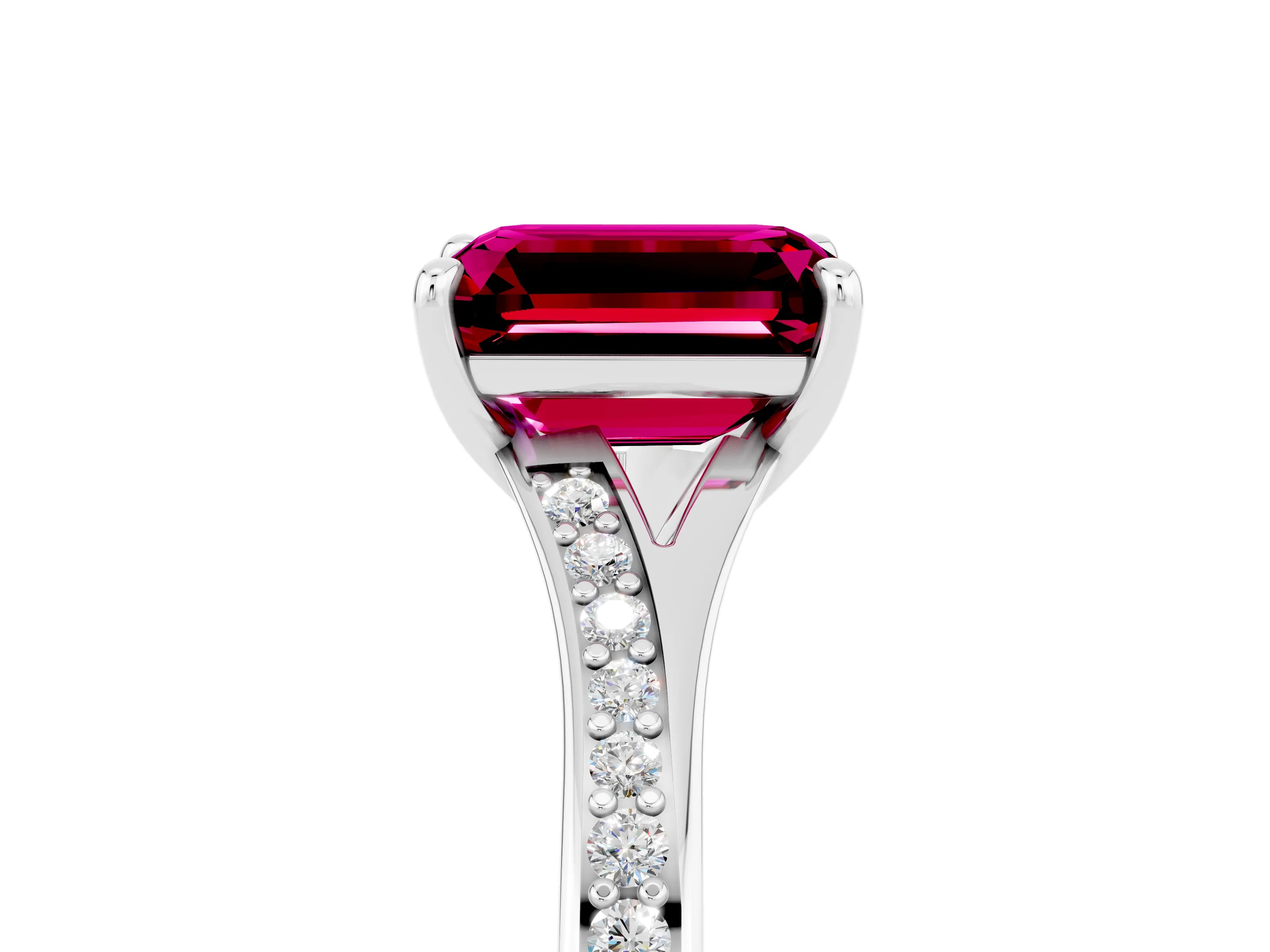 White gold Emerald Cut Garnet Solitaire Ring with Pavé Band and Prong Setting_29