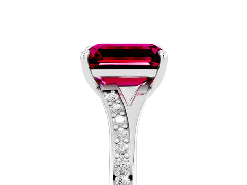 White gold Emerald Cut Garnet Solitaire Ring with Pavé Band and Prong Setting_29