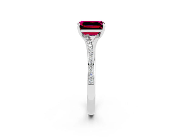 White gold Emerald Cut Garnet Solitaire Ring with Pavé Band and Prong Setting