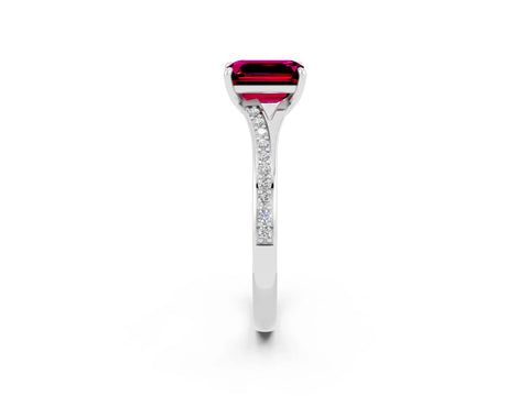 White gold Emerald Cut Garnet Solitaire Ring with Pavé Band and Prong Setting_2