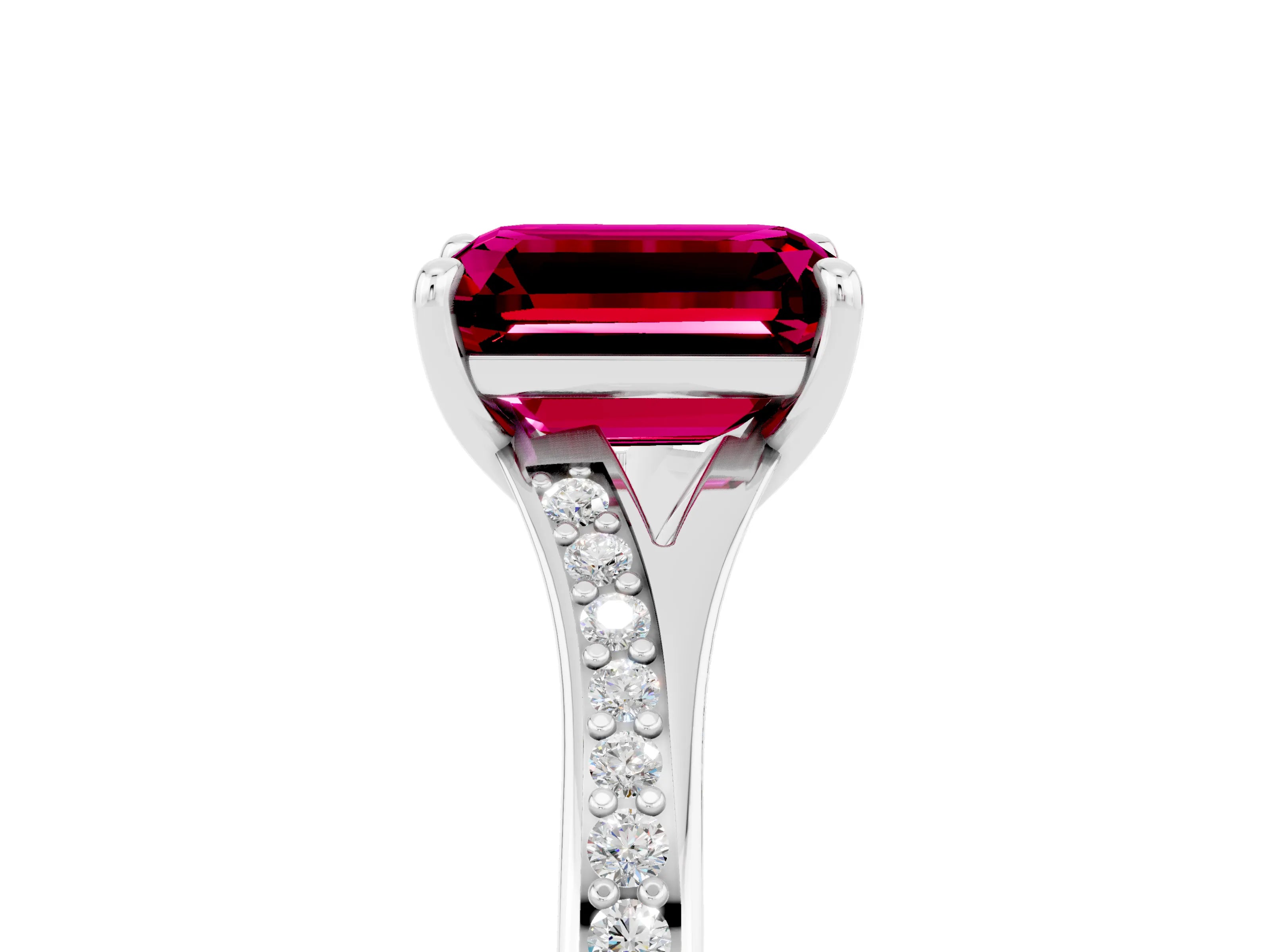 White gold Emerald Cut Garnet Solitaire Ring with Pavé Band and Prong Setting_5