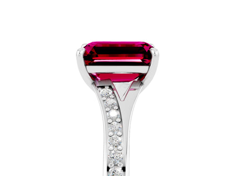 White gold Emerald Cut Garnet Solitaire Ring with Pavé Band and Prong Setting_5