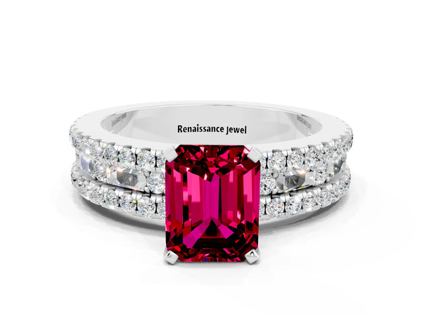 Platinum Emerald Cut Garnet Solitaire Ring with Pavé and Channel Set Band