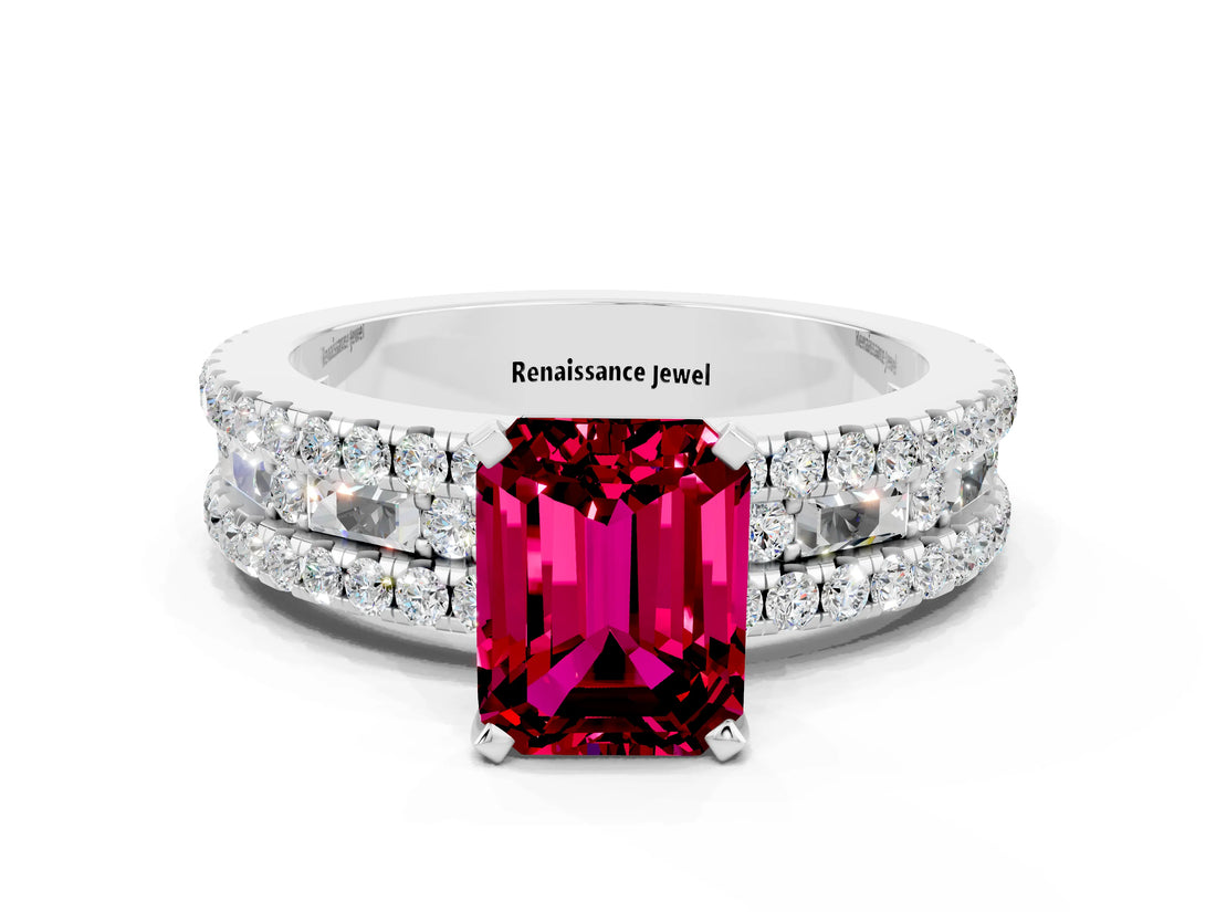 White gold Emerald Cut Garnet Solitaire Ring with Pavé and Channel Set Band