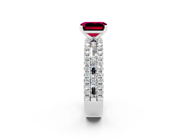 Platinum Emerald Cut Garnet Solitaire Ring with Pavé and Channel Set Band
