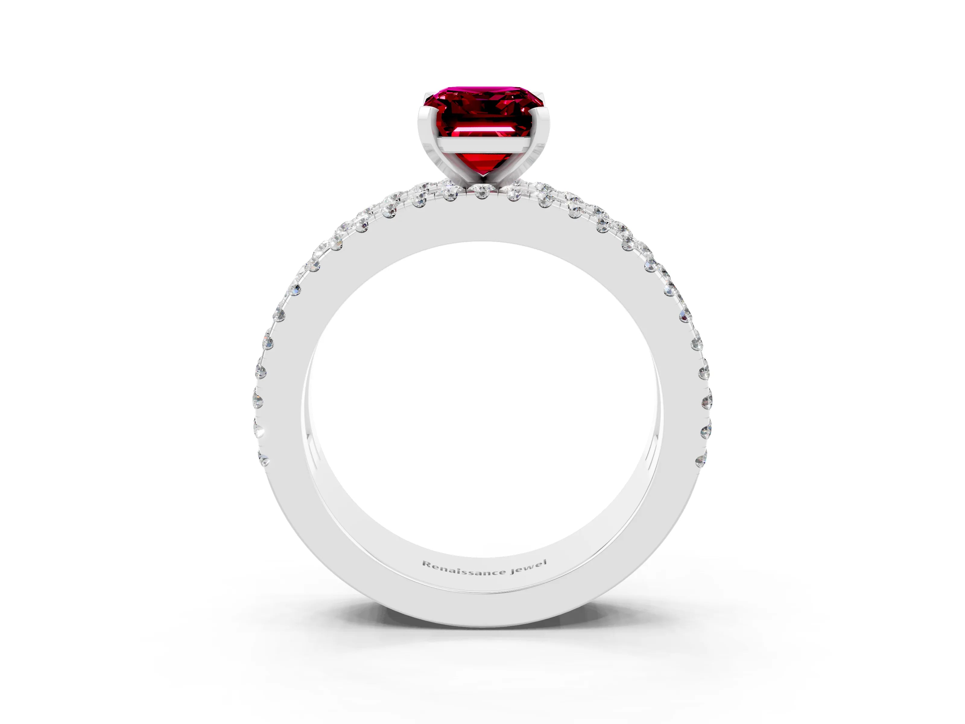 White gold Emerald Cut Garnet Solitaire Ring with Pavé and Channel Set Band_3