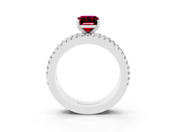 White gold Emerald Cut Garnet Solitaire Ring with Pavé and Channel Set Band