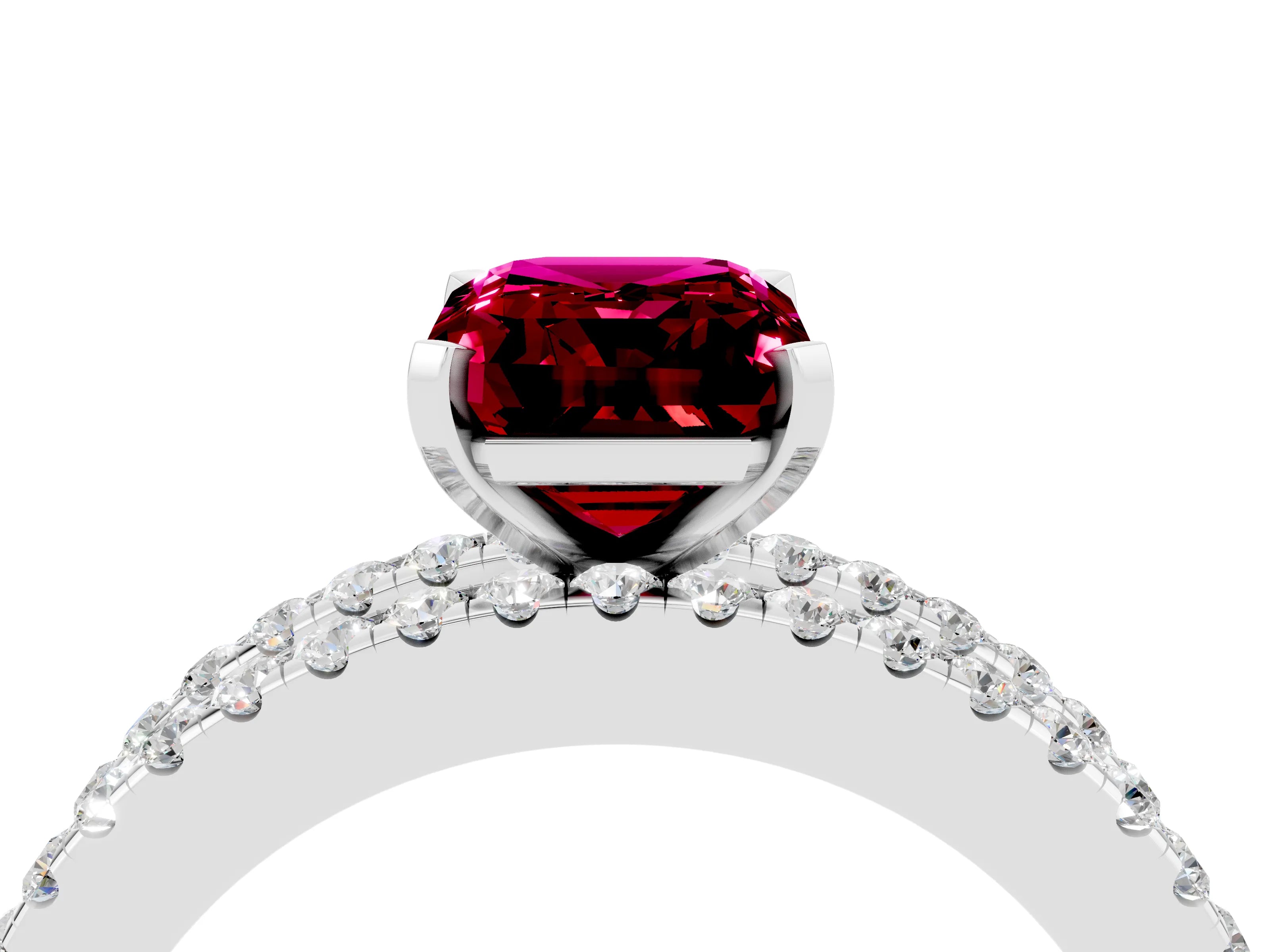 White gold Emerald Cut Garnet Solitaire Ring with Pavé and Channel Set Band_4