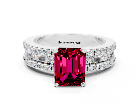White gold Emerald Cut Garnet Solitaire Ring with Pavé and Channel Set Band