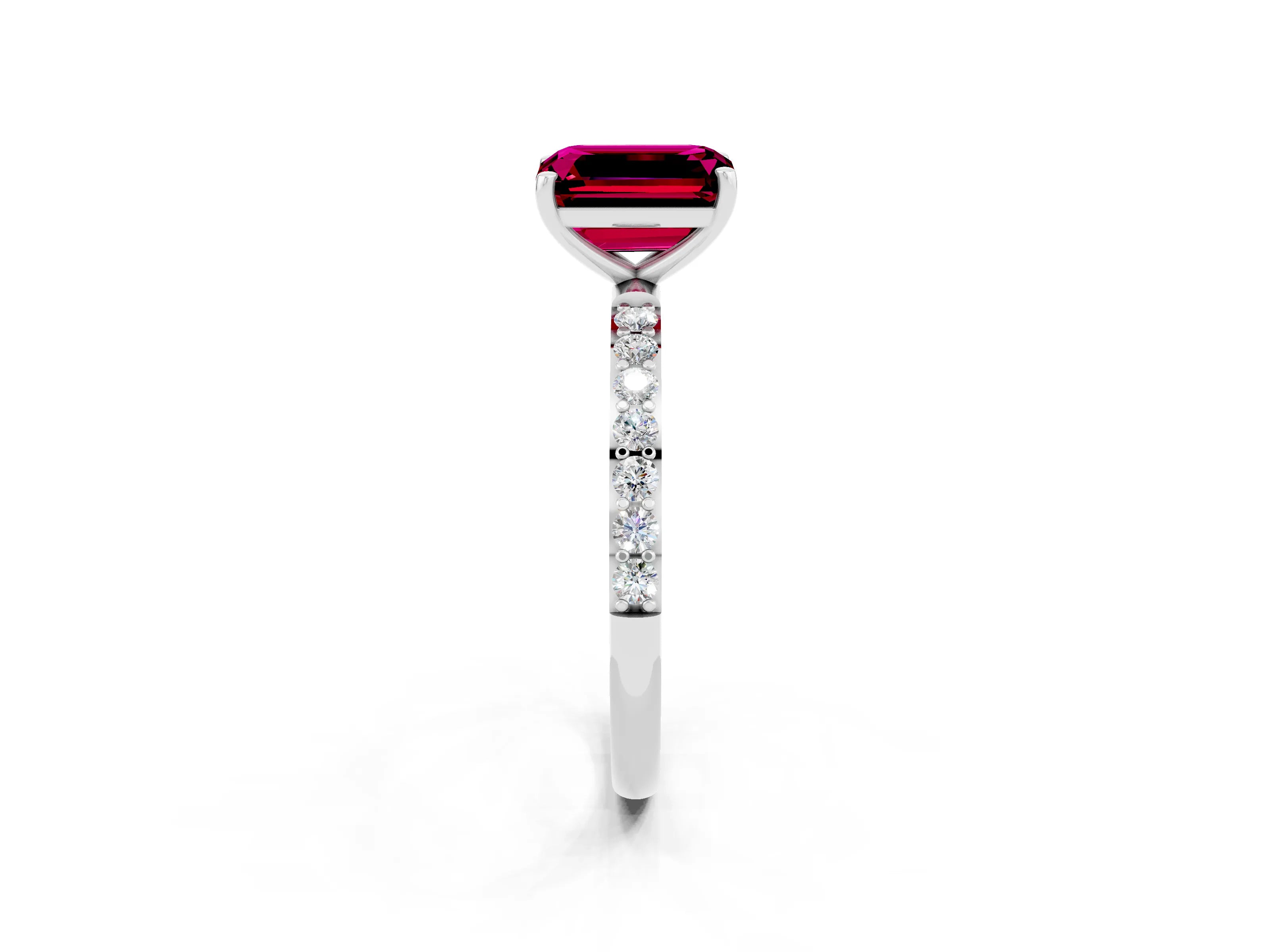 White gold Emerald Cut Garnet Solitaire Ring with Pave Band and Four Prong Setting_26