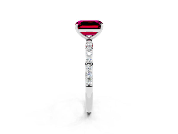 Platinum Emerald Cut Garnet Solitaire Ring with Round  Pavé Band and Prong Setting