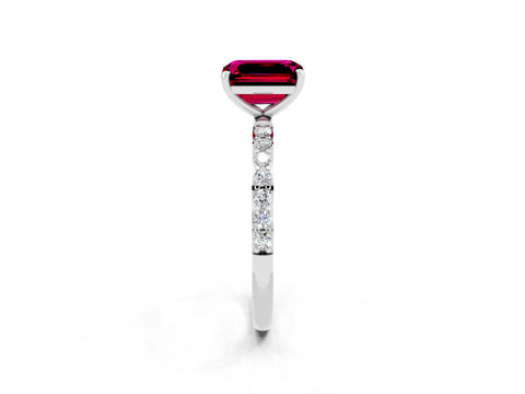 White gold Emerald Cut Garnet Solitaire Ring with Pave Band and Four Prong Setting_26