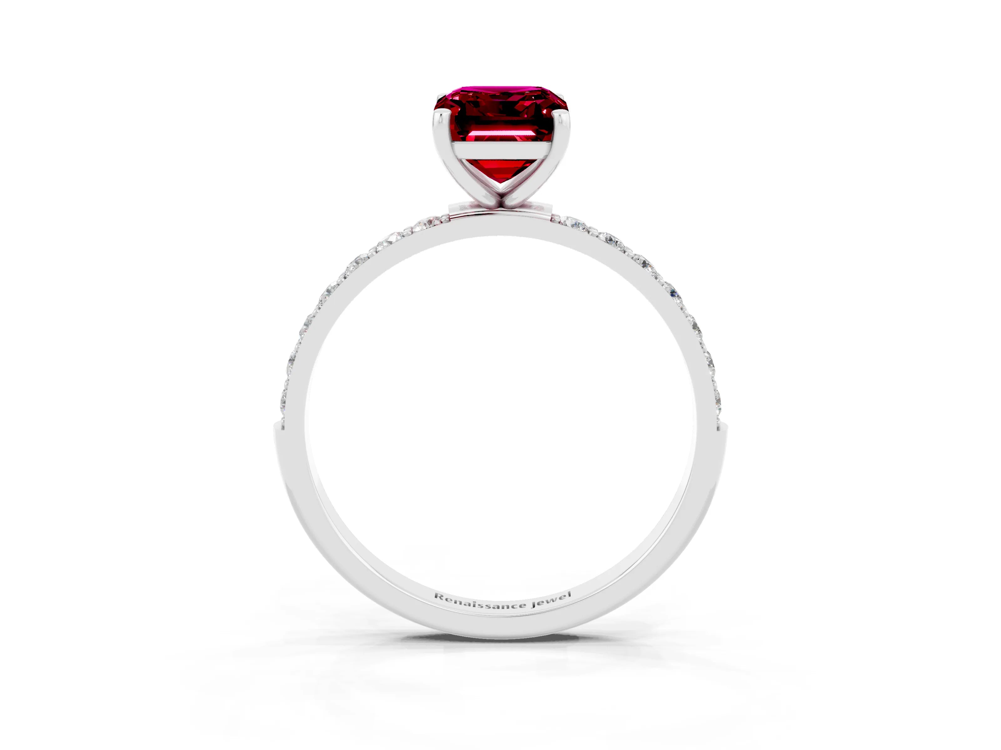 White gold Emerald Cut Garnet Solitaire Ring with Pave Band and Four Prong Setting_27