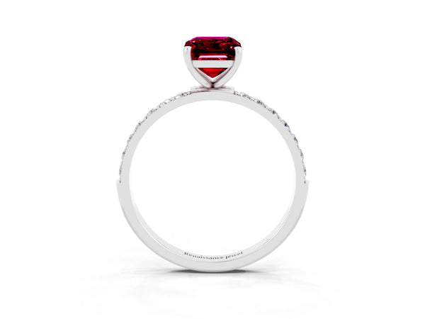 White gold Emerald Cut Garnet Solitaire Ring with Round  Pavé Band and Prong Setting