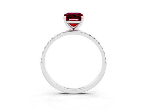 White gold Emerald Cut Garnet Solitaire Ring with Pave Band and Four Prong Setting_27