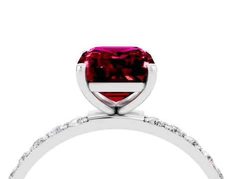 White gold Emerald Cut Garnet Solitaire Ring with Pave Band and Four Prong Setting_28