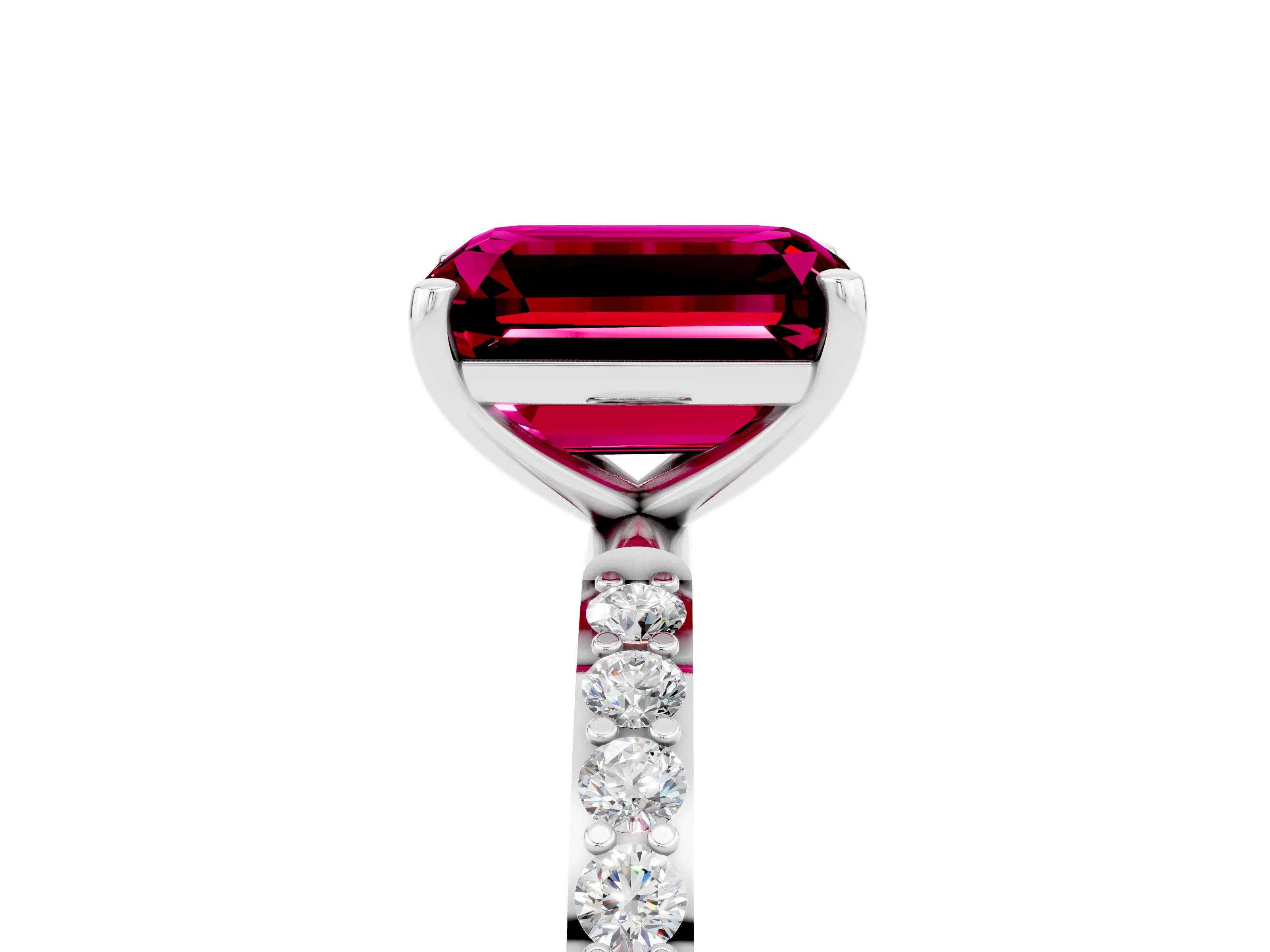 White gold Emerald Cut Garnet Solitaire Ring with Pave Band and Four Prong Setting_29