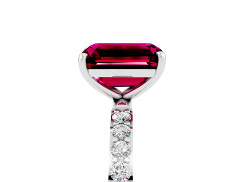 White gold Emerald Cut Garnet Solitaire Ring with Pave Band and Four Prong Setting_29