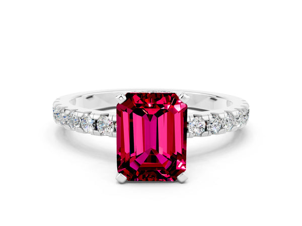 White gold Emerald Cut Garnet Solitaire Ring with Round  Pavé Band and Four-Prong Setting