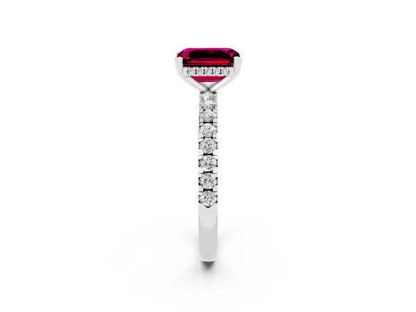 White gold Emerald Cut Garnet Solitaire Ring with Round  Pavé Band and Four-Prong Setting