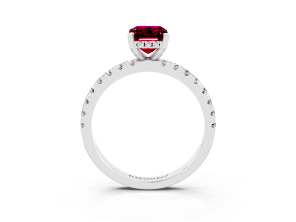 White gold Emerald Cut Garnet Solitaire Ring with Round  Pavé Band and Four-Prong Setting