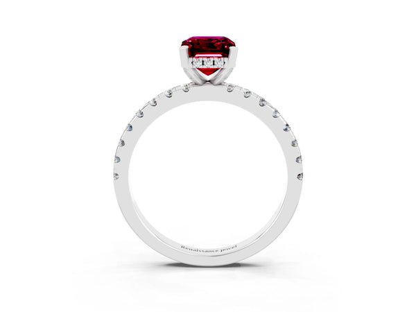 White gold Emerald Cut Garnet Solitaire Ring with Round Pavé Band and Four-Prong Setting