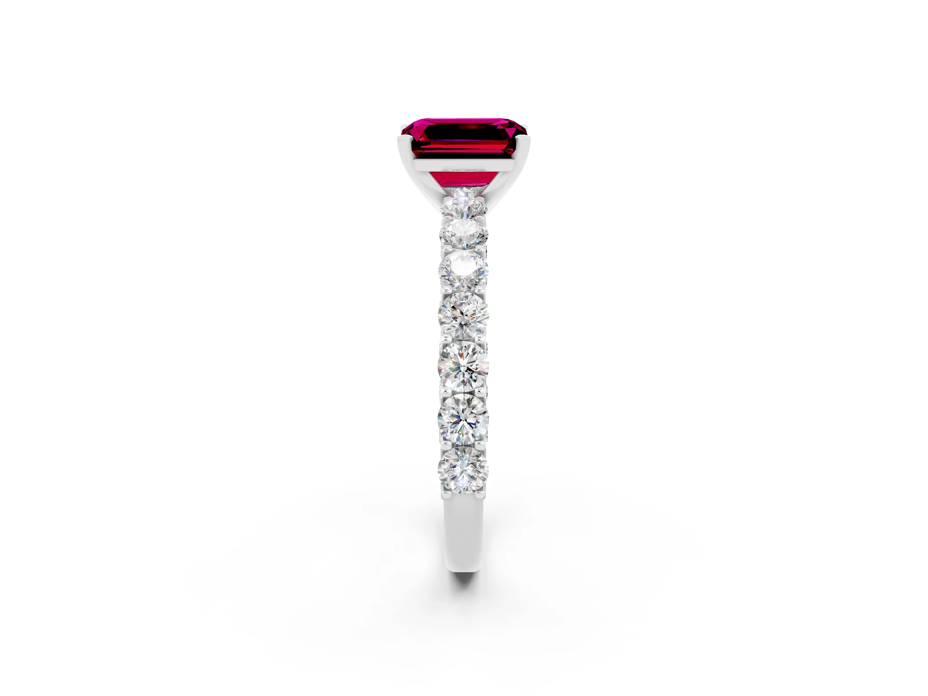 White gold Emerald Cut Garnet Solitaire Ring with Shared Prong Pavé Band and Four-Prong Setting_2