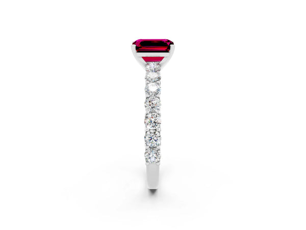White gold Emerald Cut Garnet Solitaire Ring with Shared Prong Pavé Band and Four-Prong Setting