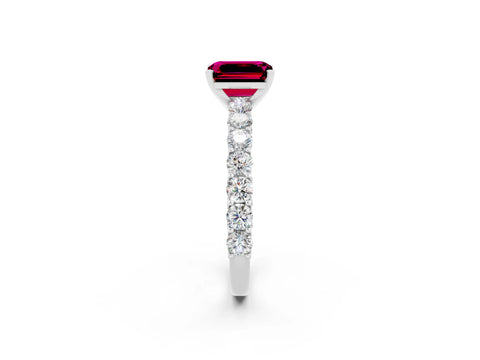 White gold Emerald Cut Garnet Solitaire Ring with Shared Prong Pavé Band and Four-Prong Setting_2