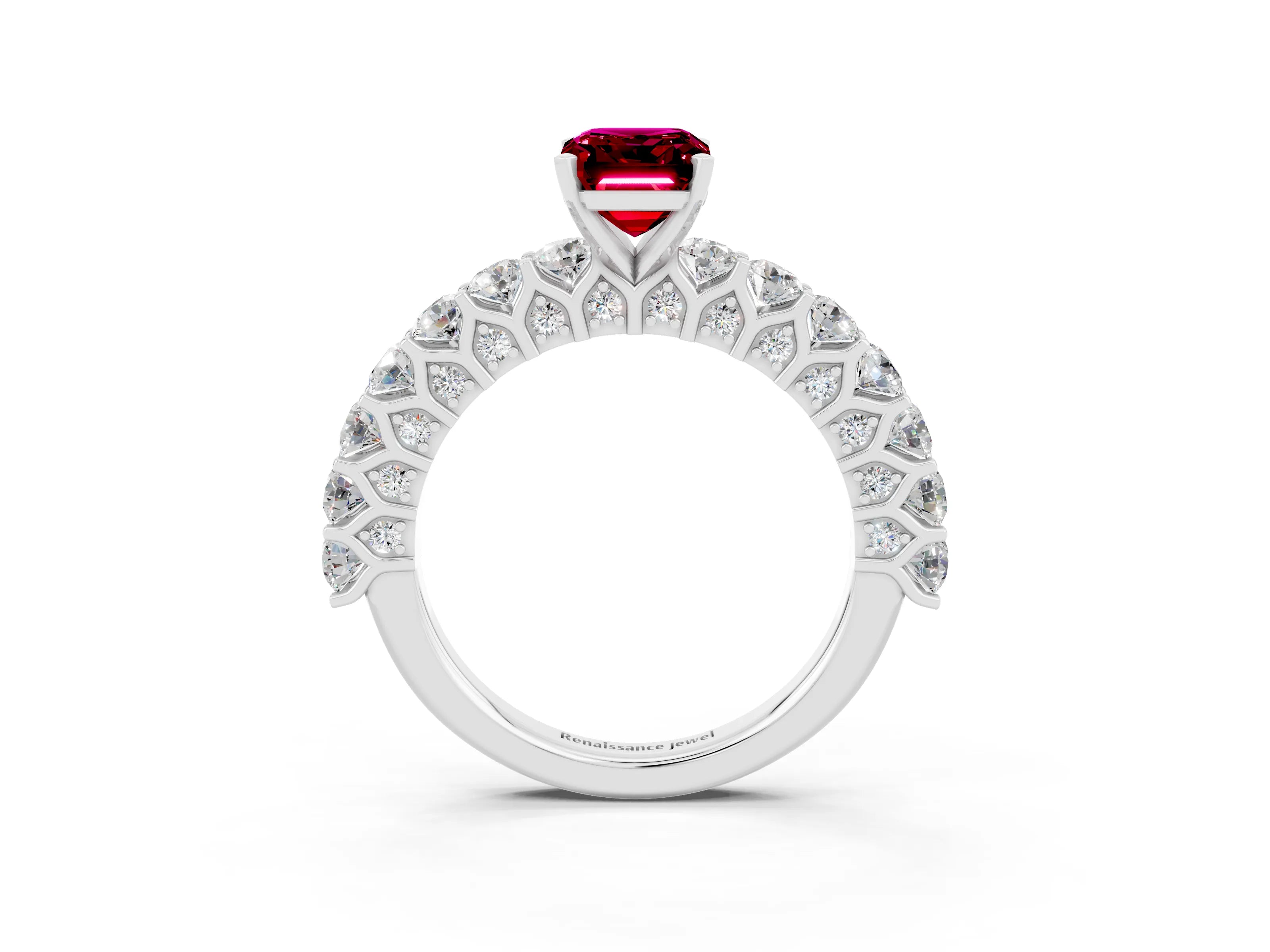 White gold Emerald Cut Garnet Solitaire Ring with Shared Prong Pavé Band and Four-Prong Setting_3