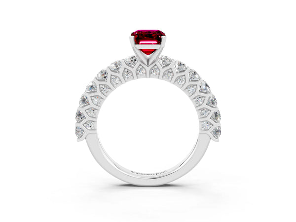 Silver Emerald Cut Garnet Solitaire Ring with Shared Prong Pavé Band and Four-Prong Setting