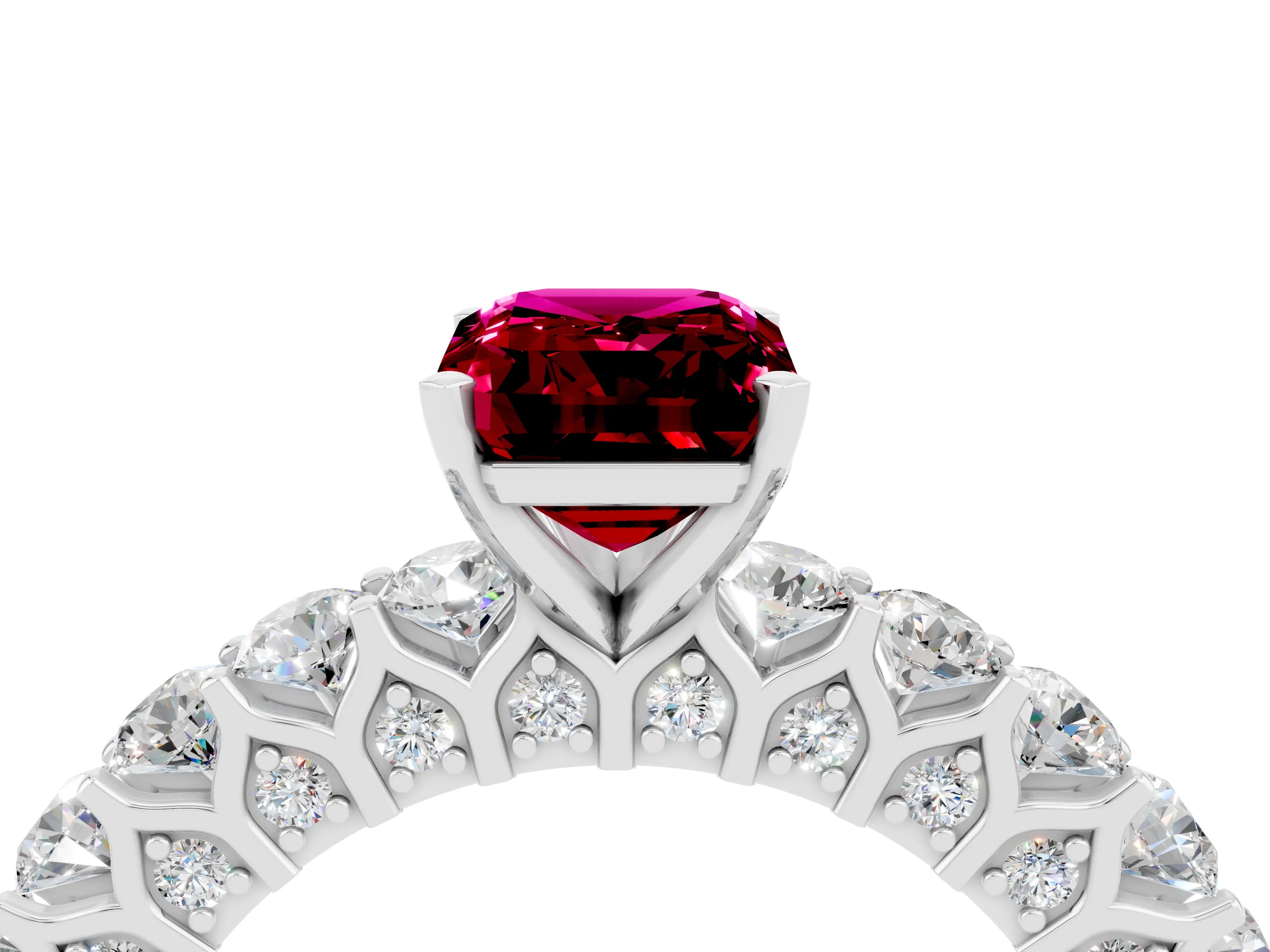 White gold Emerald Cut Garnet Solitaire Ring with Shared Prong Pavé Band and Four-Prong Setting_4