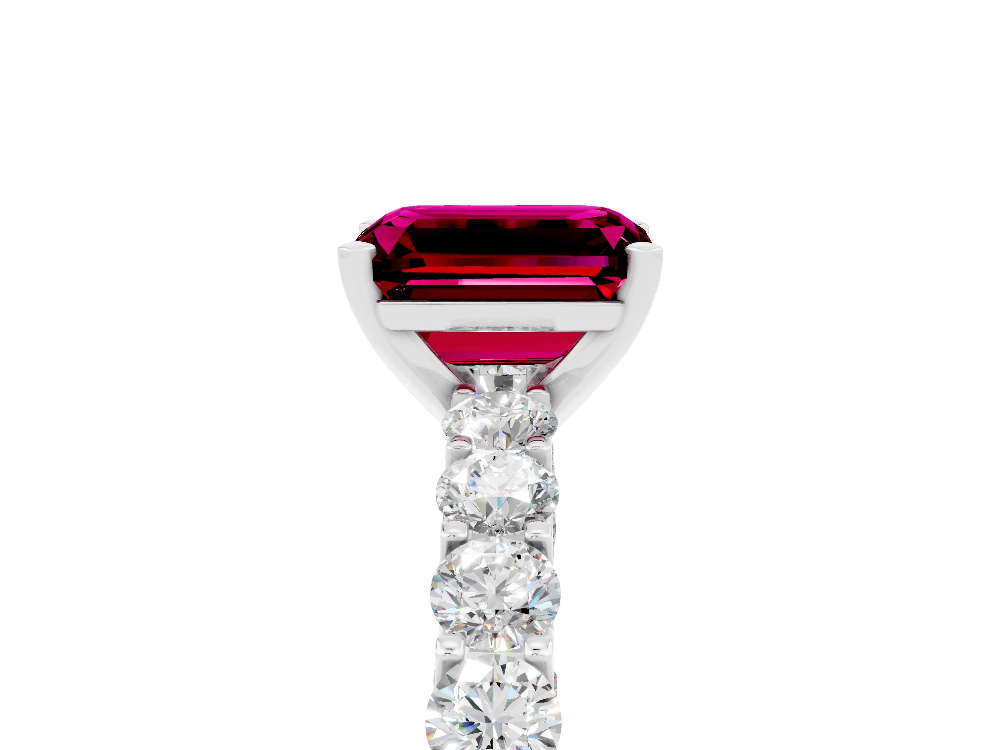 White gold Emerald Cut Garnet Solitaire Ring with Shared Prong Pavé Band and Four-Prong Setting_5