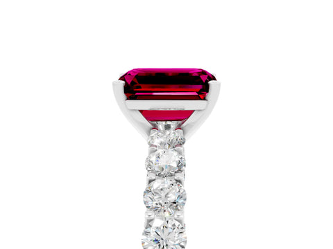 White gold Emerald Cut Garnet Solitaire Ring with Shared Prong Pavé Band and Four-Prong Setting_5
