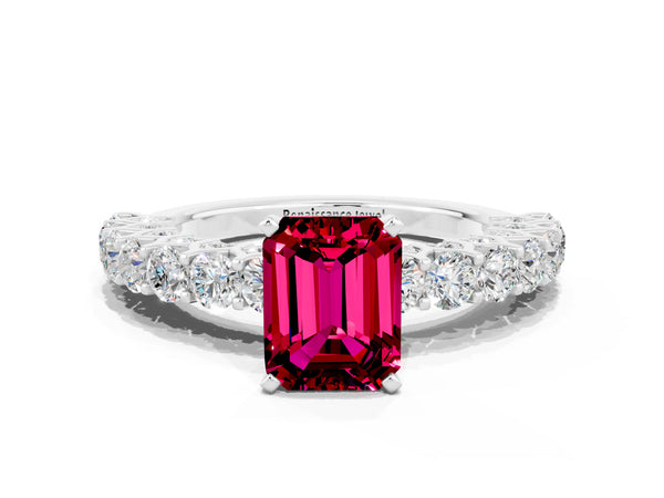White gold Emerald Cut Garnet Solitaire Ring with Shared Prong Pavé Band and Four-Prong Setting