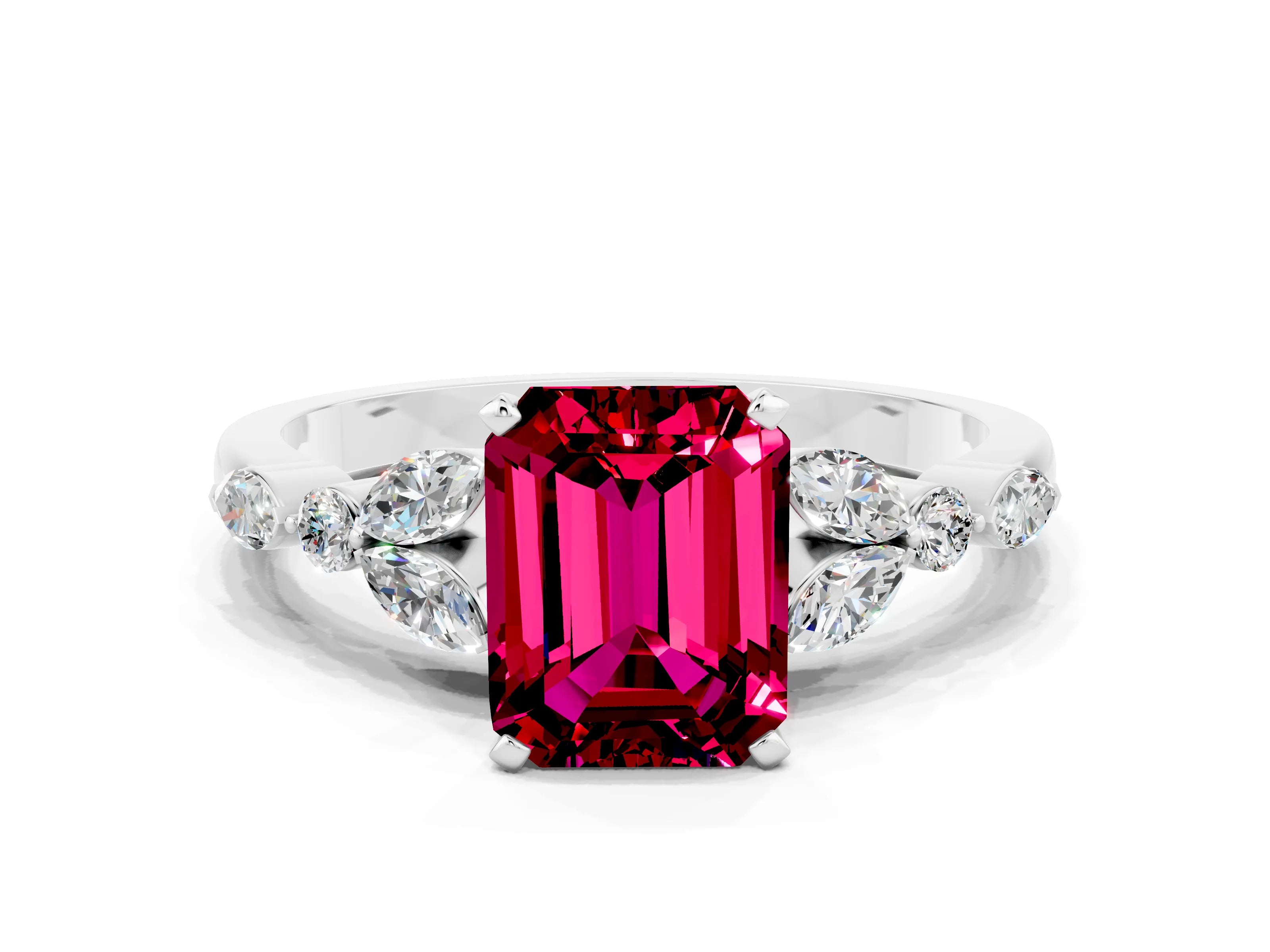 White gold Emerald Cut Garnet Solitaire Ring with Side Stones and Four-Prong Setting_12