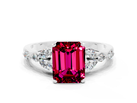 White gold Emerald Cut Garnet Solitaire Ring with Side Stones and Four-Prong Setting_12