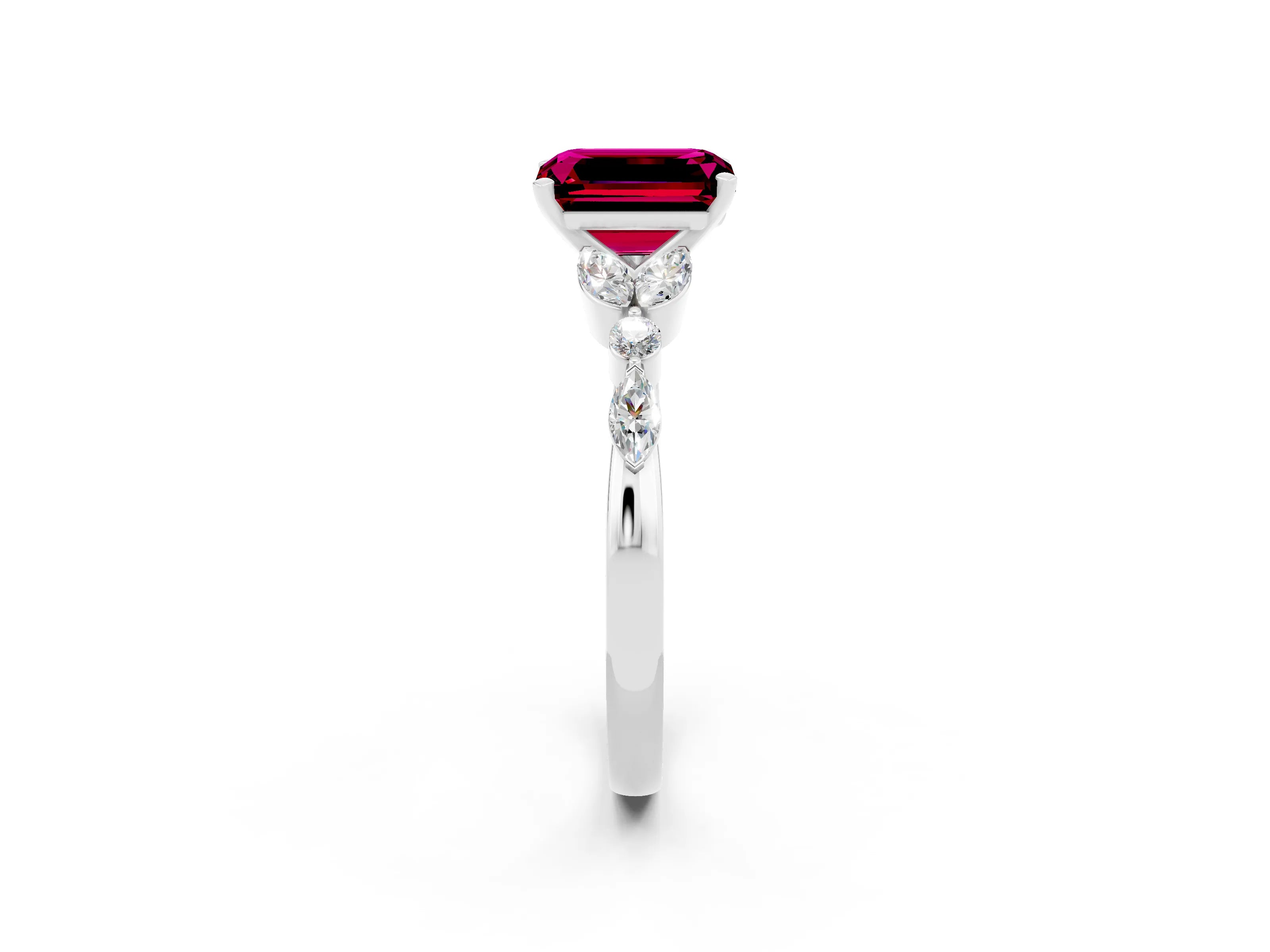 White gold Emerald Cut Garnet Solitaire Ring with Side Stones and Four-Prong Setting_14