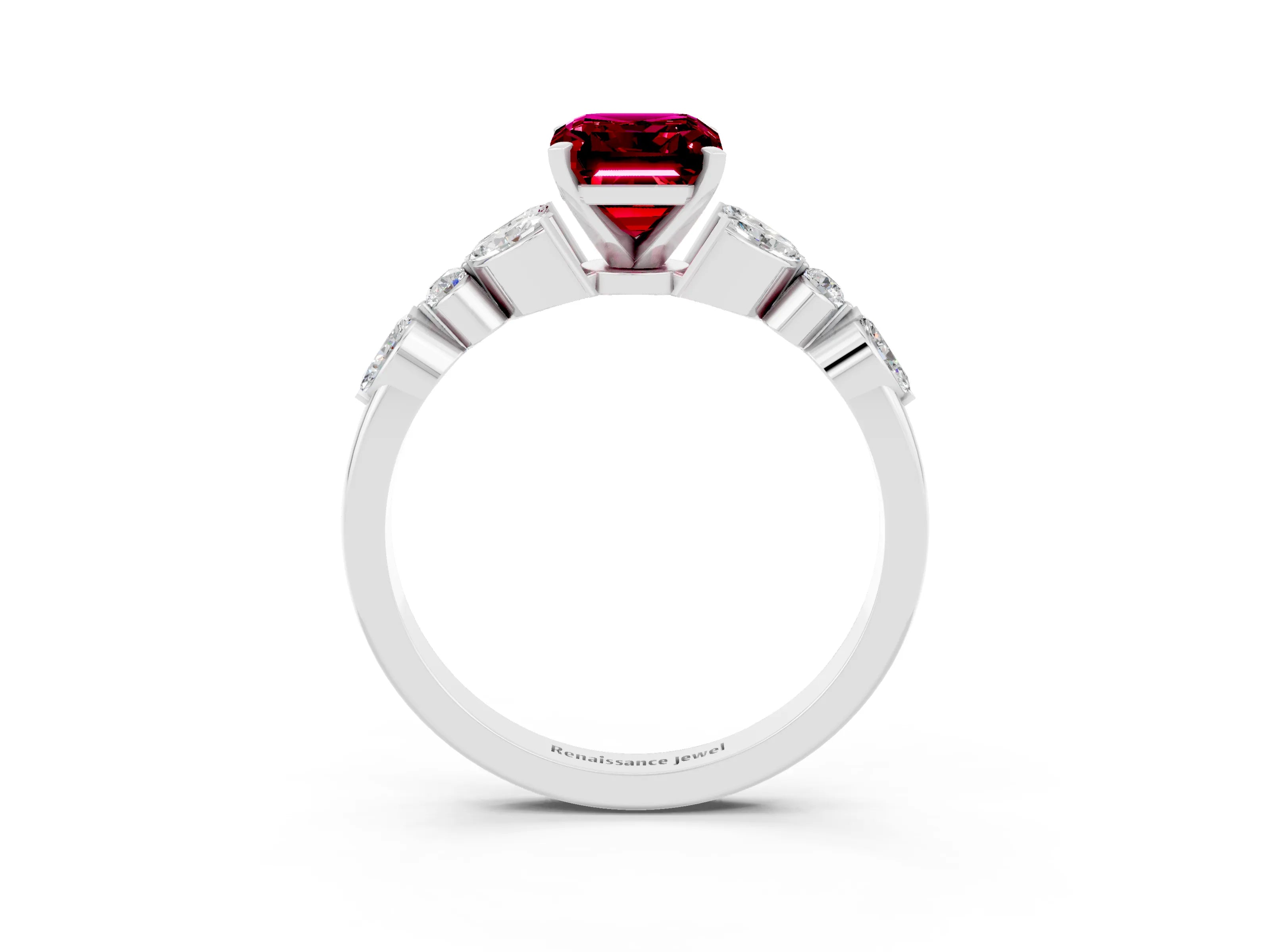 White gold Emerald Cut Garnet Solitaire Ring with Side Stones and Four-Prong Setting_15