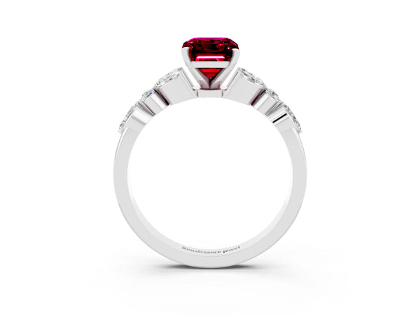 Platinum Emerald Cut Garnet Solitaire Ring with Side Stones and Four-Prong Setting