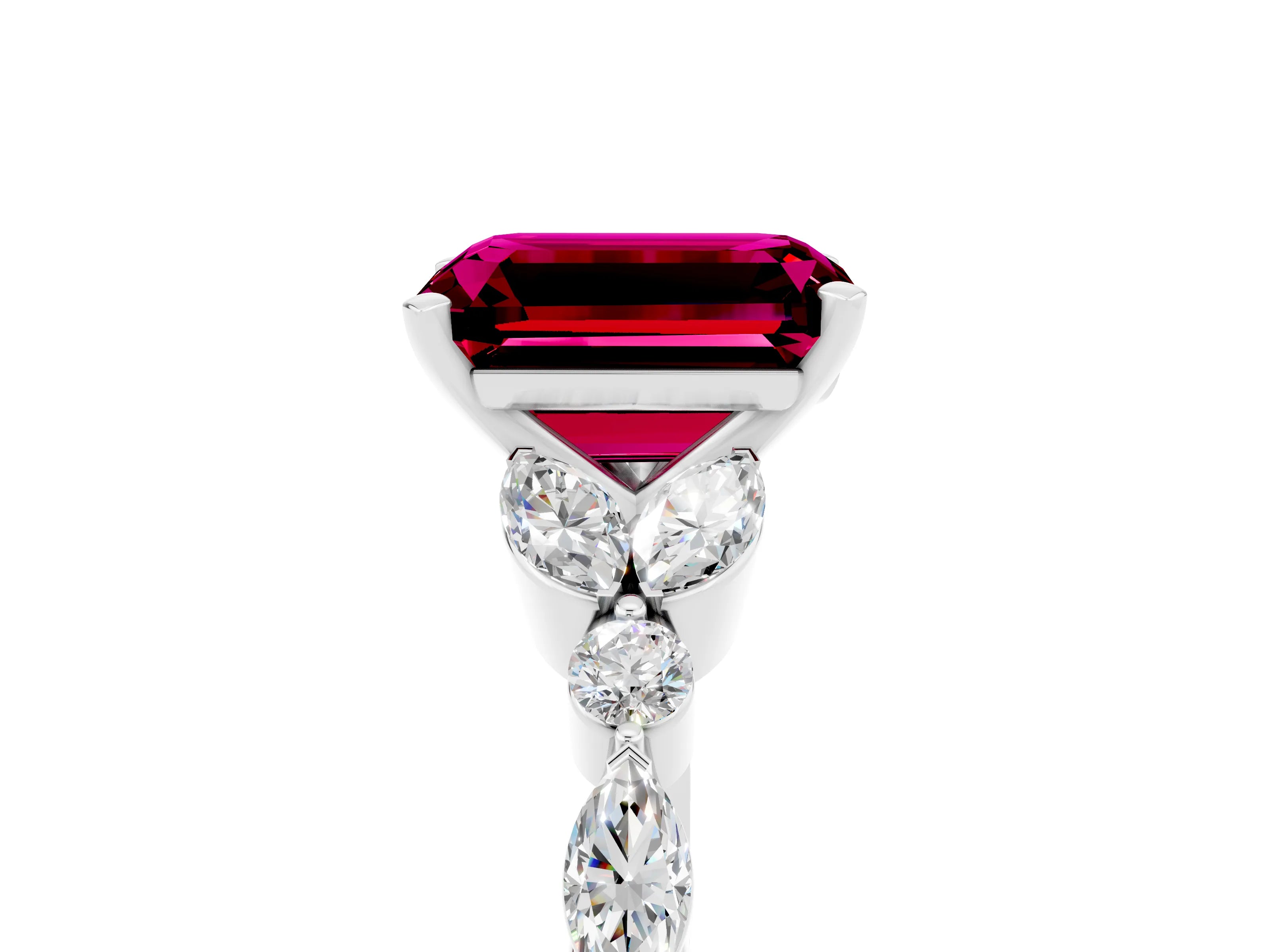 White gold Emerald Cut Garnet Solitaire Ring with Side Stones and Four-Prong Setting_17
