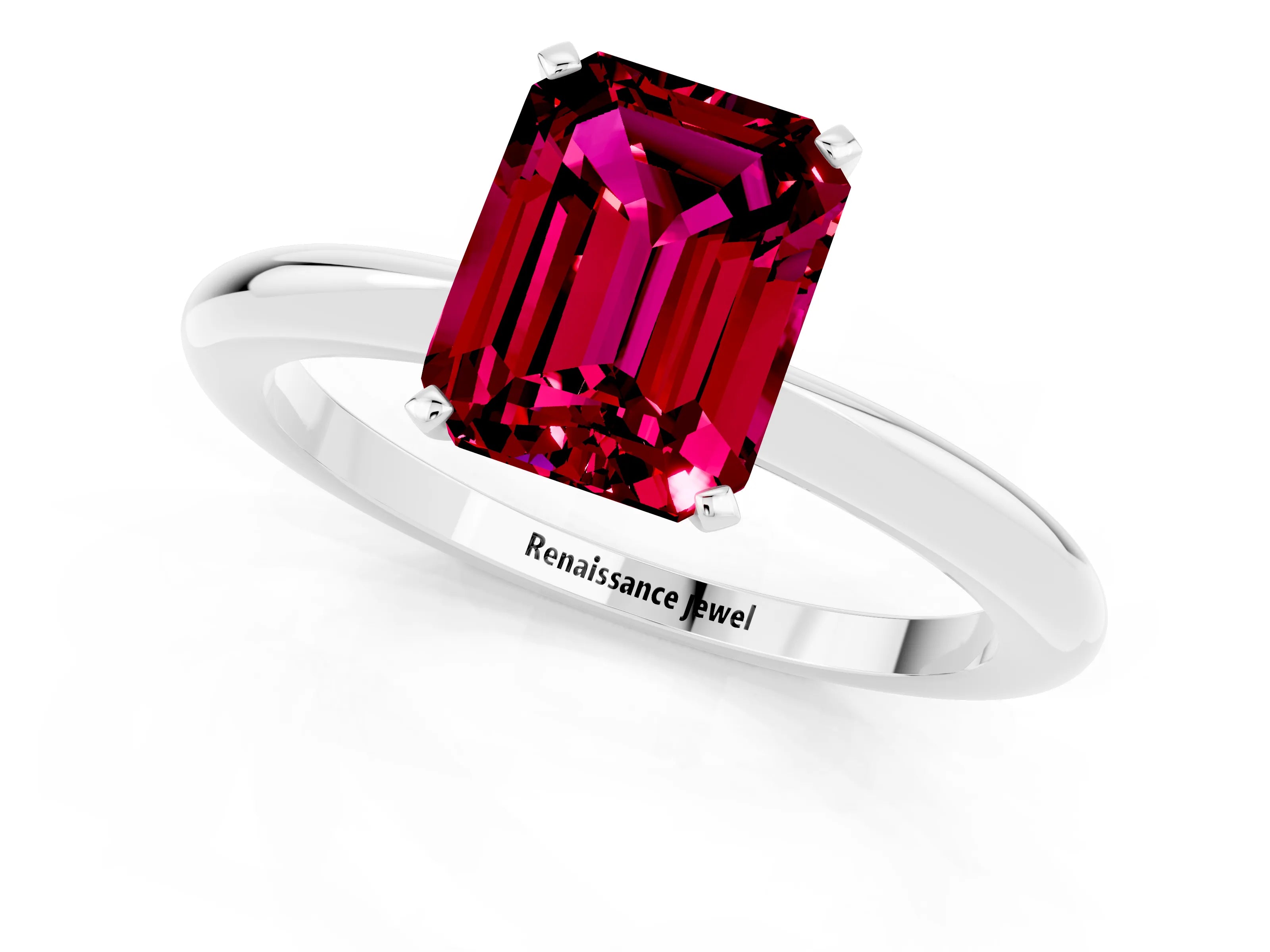 White gold Emerald Cut Garnet Solitaire Ring with Six-Prong Setting and Classic Band_13