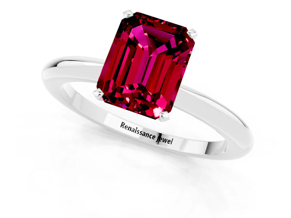White gold Emerald Cut Garnet Solitaire Ring with Six-Prong Setting and Classic Band