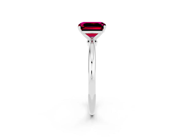 White gold Emerald Cut Garnet Solitaire Ring with Six-Prong Setting and Classic Band