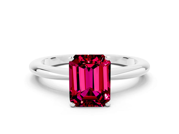Silver Emerald Cut Garnet Solitaire Ring with Six-Prong Setting and Classic Band