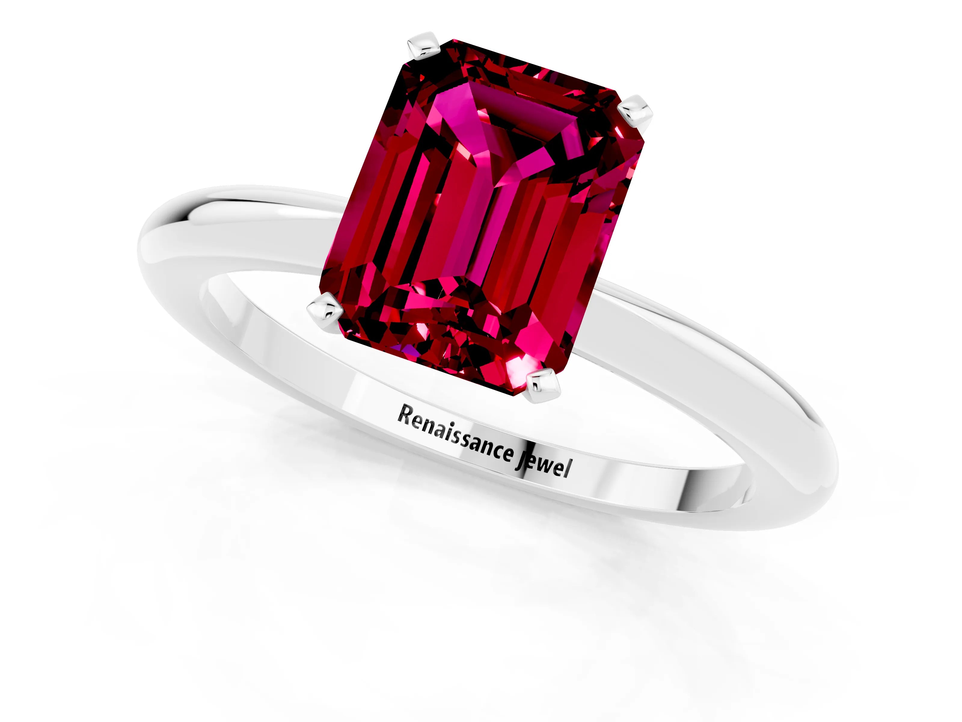 White gold Emerald Cut Garnet Solitaire Ring with Six-Prong Setting and Classic Band_7
