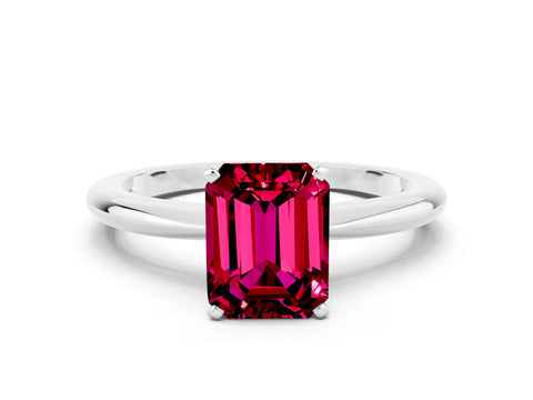 White gold Emerald Cut Garnet Solitaire Ring with Six-Prong Setting and Classic Band